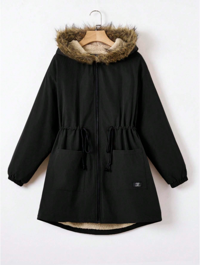 EZwear Drawstring Waist Fuzzy Trim Hooded Thermal Lined Drawstring Waist Coat