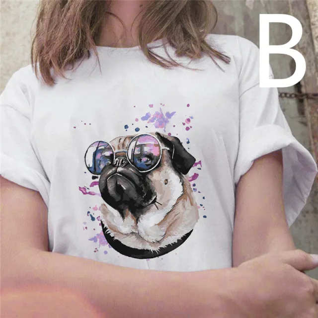 Cartoon Oil Painting Dog Print Loose Round Neck Short Sleeves - Shop at LoveMi