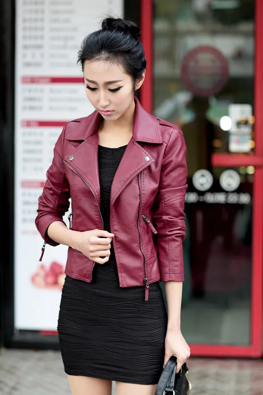 Women's PU Leather Jacket Women's Short Slim Small Coat Red - Shop at LoveMi