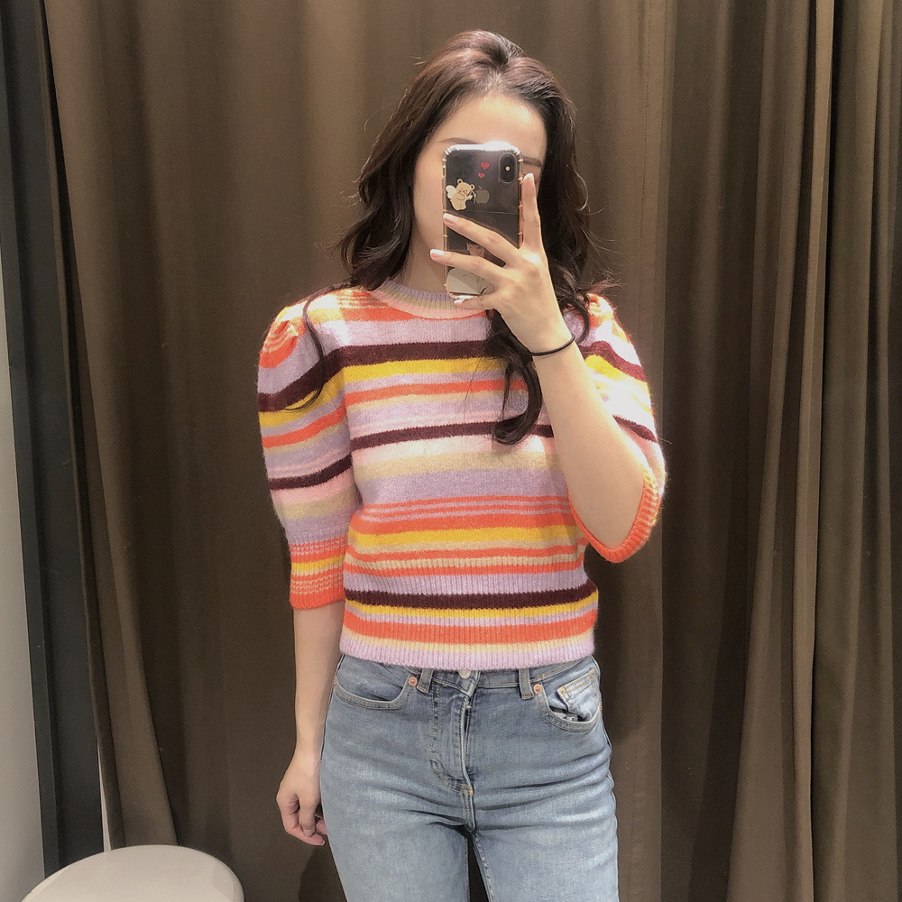 Title 8, Stripe Puffy Sleeve Round Neck Short Sweater Woman