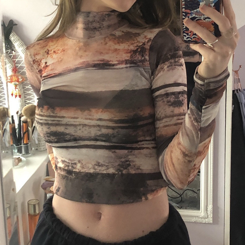 Street Net Yarn Print Women's Tight High-neck Long-sleeved T-shirt