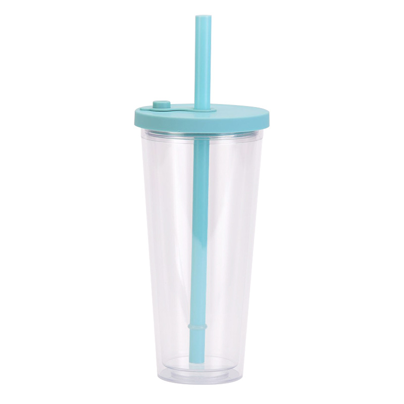 New Double Layer Plastic Large Hole Straw Cup Transparent Blue Cover - Shop at LoveMi