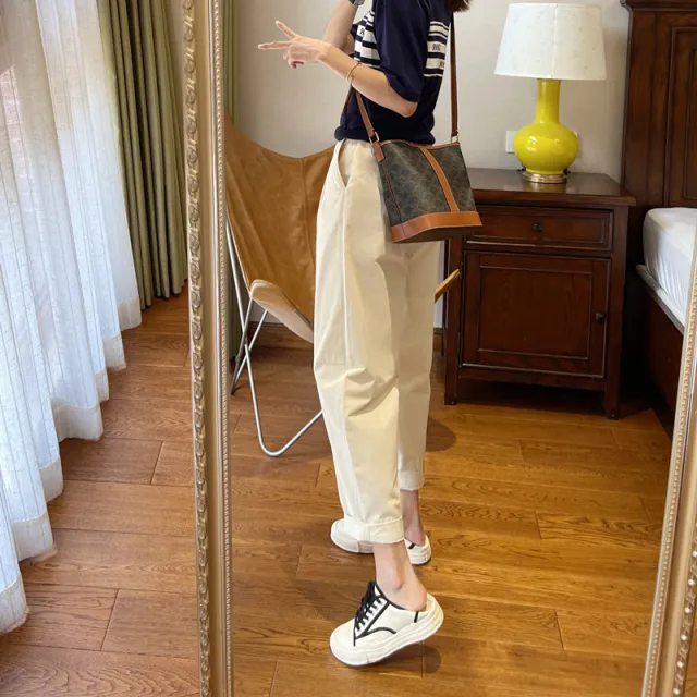 Spring And Autumn Super Soft Sanded Cotton Slimming Elastic Waist Loose Radish Pants Beige - Shop at LoveMi