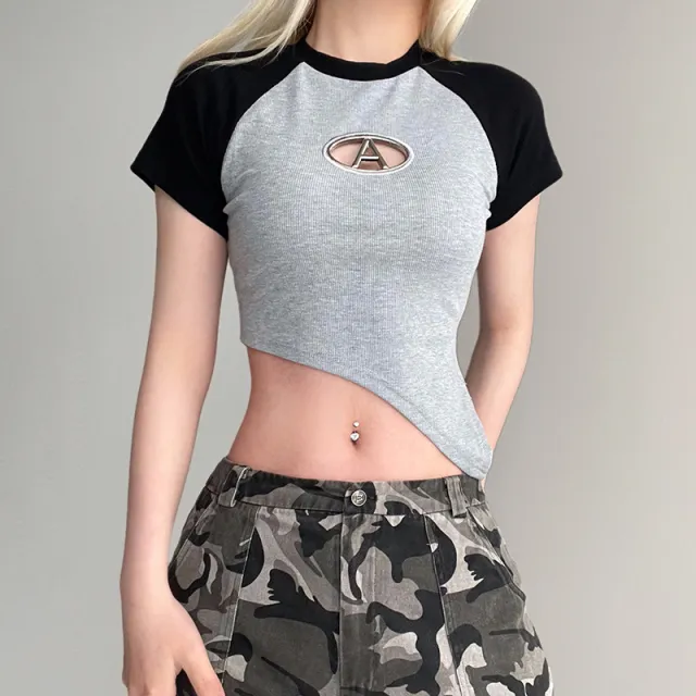 Women's Spice Slim fit Short Color Bump Shoulder T shirt Design Sense Asymmetrical Crop Hollow Letter Top Gray - Shop at LoveMi