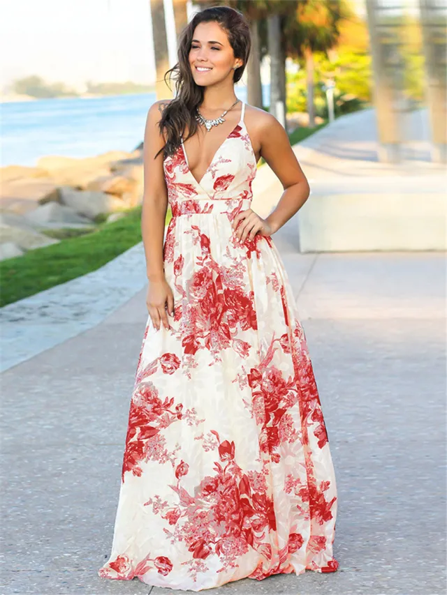 Slim Fitting V neck Large Floral Flowing Drawstring Long Skirt Red - Shop at LoveMi