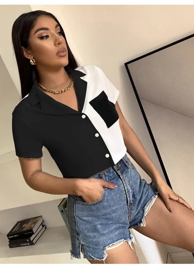 Contrast Paneled Crop Top Pocket Single Breasted Short Sleeve Shirt Black - Shop at LoveMi