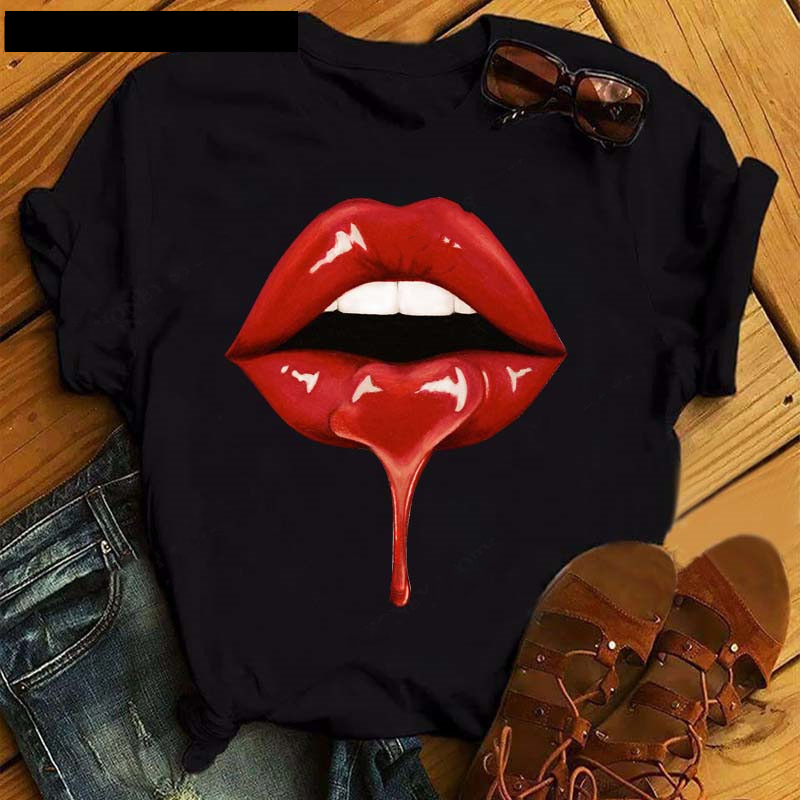 Poker Spades Sequin Lip Print Loose Short Sleeves Black - Shop at LoveMi