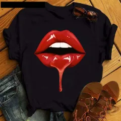 Poker Spades Sequin Lip Print Loose Short Sleeves - Black - View 1