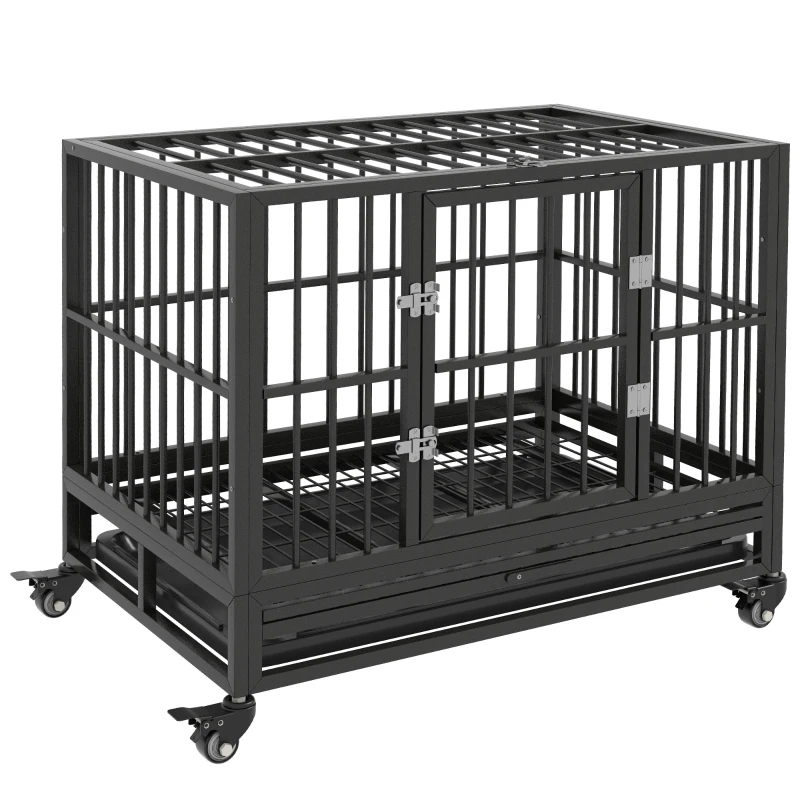 Heavy Duty Dog Crate Metal Cage Kennel With Lockable Wheels, Double Door And Removable Tray, Gray