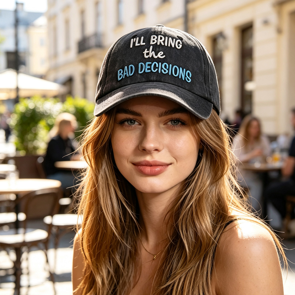 2pcs Washed Distressed Baseball Cap , Embroidery I'll Bring The Bad Decisions Funny Hat, Summer Lightweight Cotton Adjustable Trucker Hat