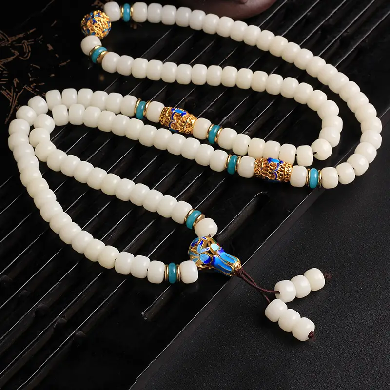 Cloisonne Blue And White Natural Jade Bodhi Root Bracelet