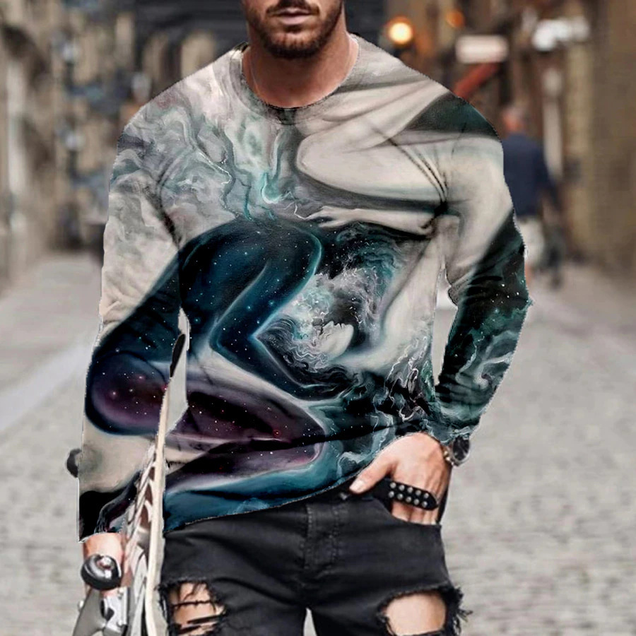 Men's Summer Loose Round Neck Digital Printing Long-sleeved T-shirt Top