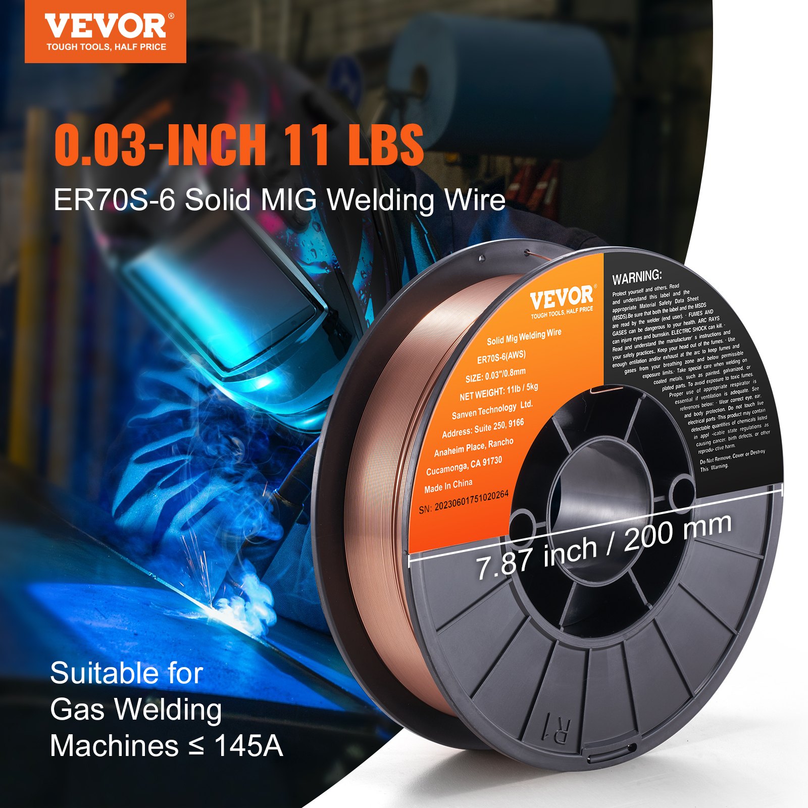 VEVOR Solid MIG Welding Wire ER70S-6 0.03-inch 11LBS Mild Steel MIG Welding Wire