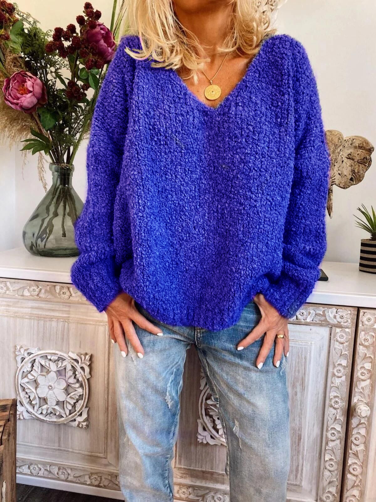 WomenV-neck LongSleeve Loose Pullover Knit Tops