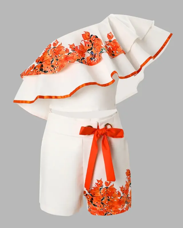 One Shoulder Lotus Leaf Decorative Shorts Set Orange - Shop at LoveMi