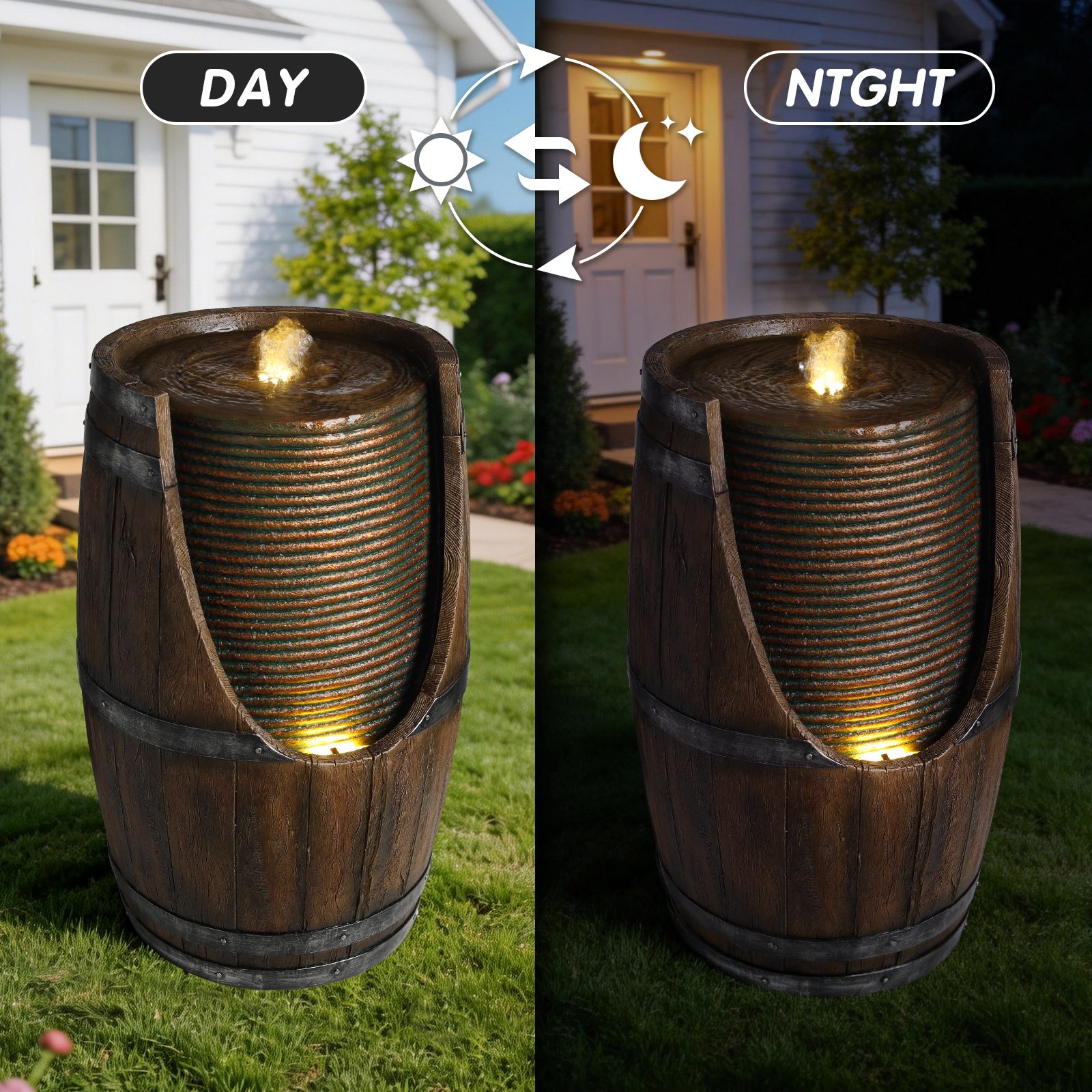 Outdoor Barrel Water Fountain With Lights Rustic Wood Look Resin Handmade Waterfall Garden Decor For Patio Yard Porch — foto 13
