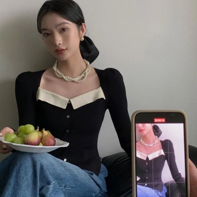 Irregular Color blocked Collarbone Puff Sleeve Sweater Black - Shop at LoveMi