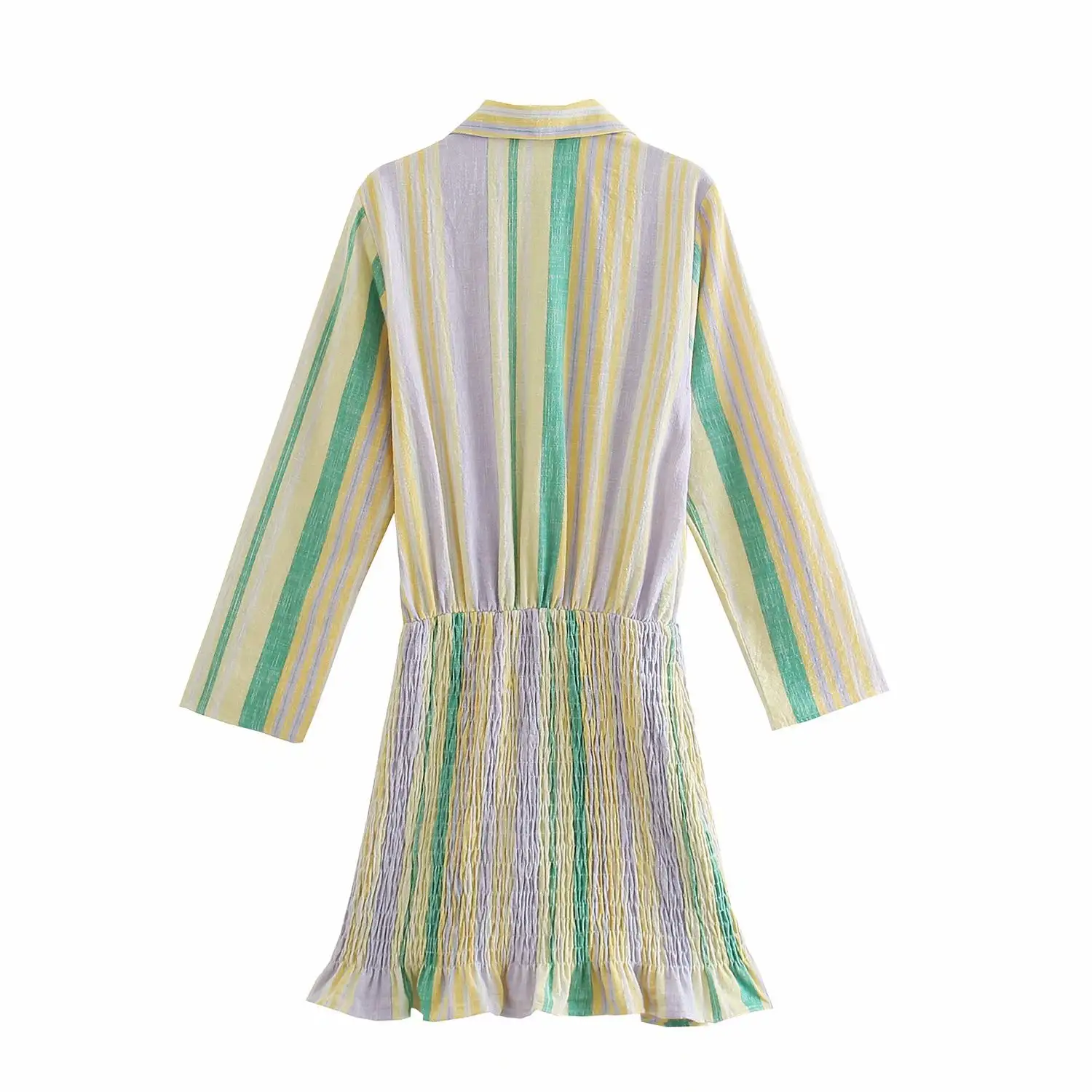 New Women's European Style Lapel Long-sleeved Striped Color-blocking Elastic Hip Dress