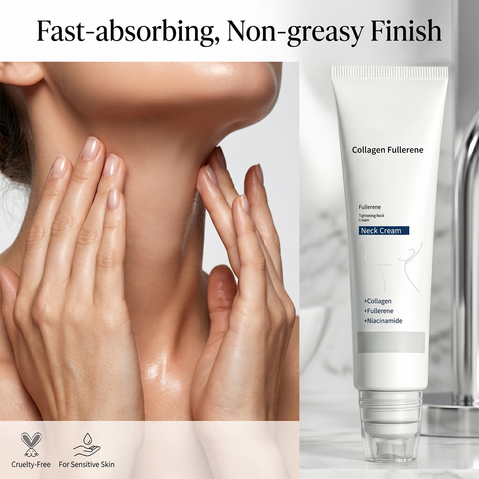 Collagen Fullerene Neck Cream With Roller Massager, Anti-Aging Neck Firming Cream, Reduces Wrinkles & Double Chin, 50g