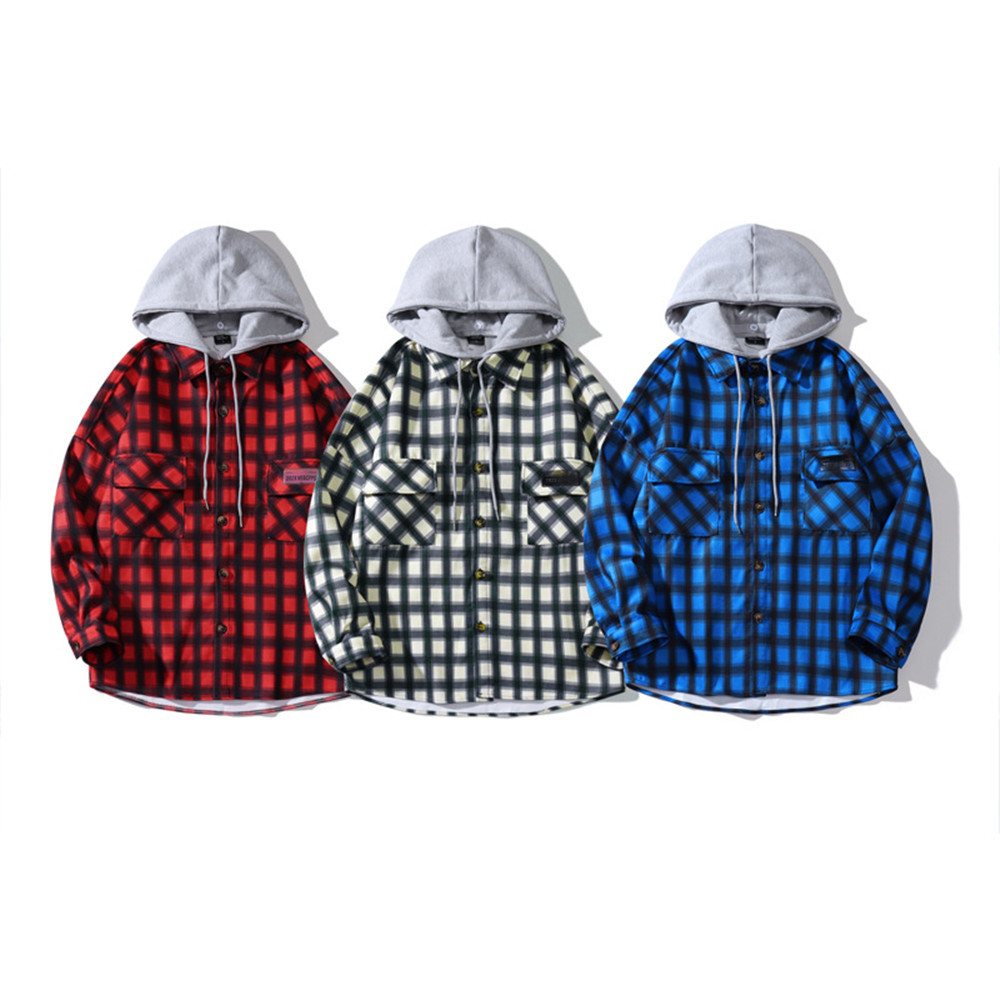 Men's Hong Kong Style Casual Long Sleeve Plaid Fleece Thickened Shirt