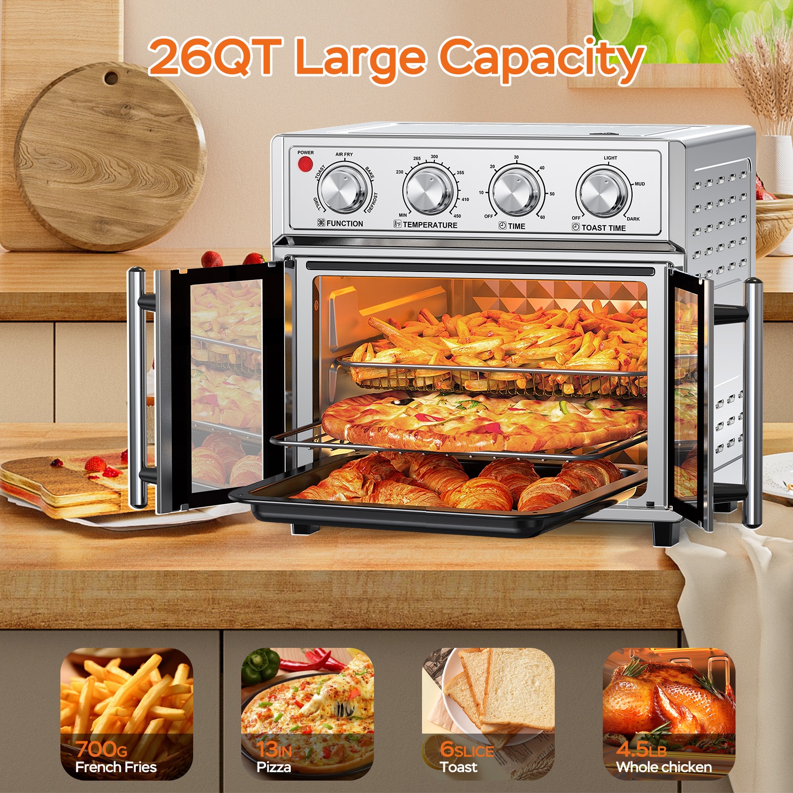29.5 QT Air Fryer Convection Toaster Oven, French Door, 6 Slices, 1700W, Multifunction Oven, Air Fryer, Toast, Grill, Defrost, Bake, Time And Temperature Controls, Silver, Amazon Resale Prohibited — foto 9