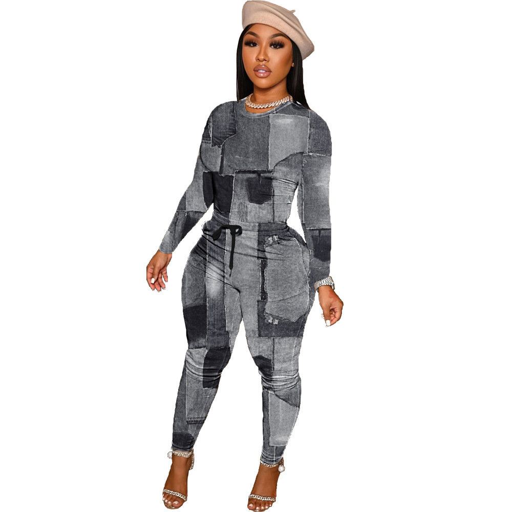 Title 4, Modischer Denim-Print zweiteiliger Damen-Set, p...