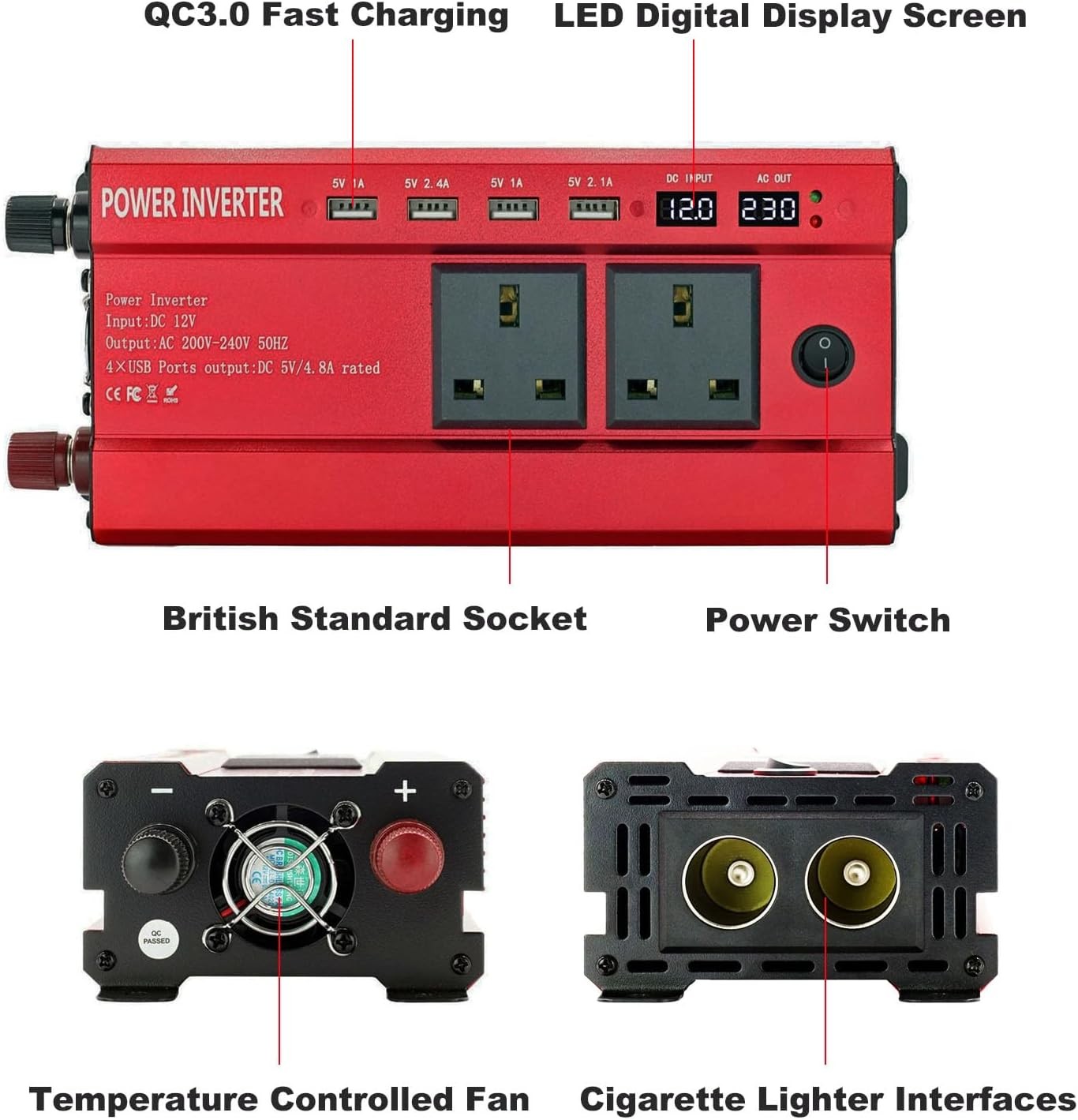 6000W Caravan Van Converter Power Inverters DC 12V To 240V LCD UK Socket 4USB — image 4
