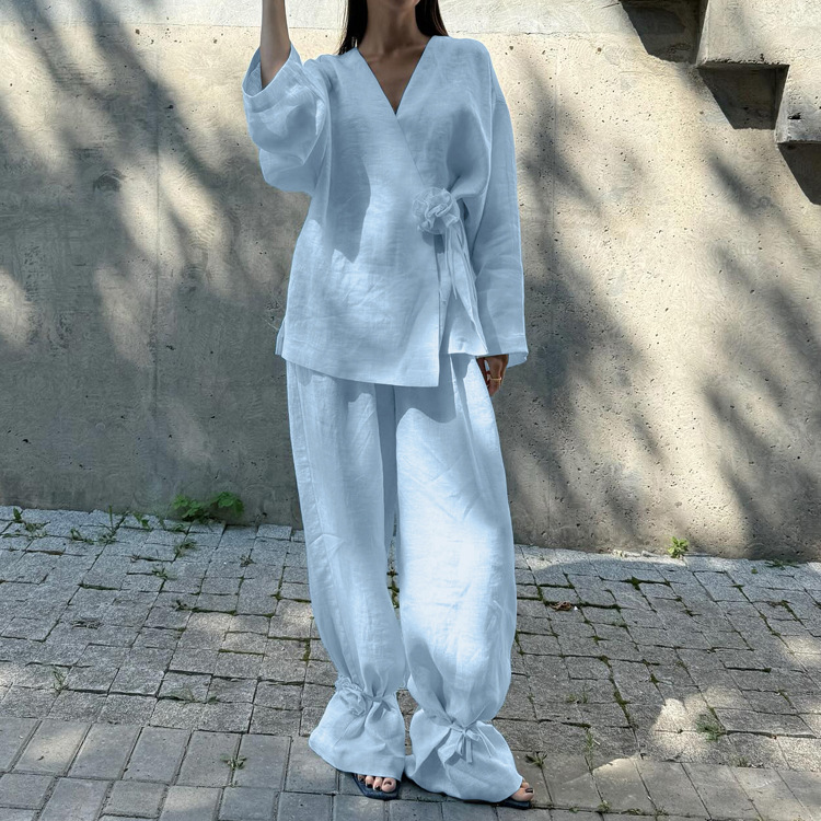 Floral V-neck Long-sleeved Cardigan And Wide-leg Pants Two-piece Set