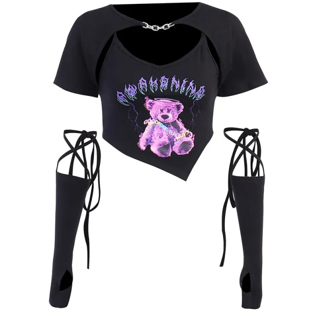 Personality Irregular Cropped Navel Bear Print Short Sleeves Black - Shop at LoveMi