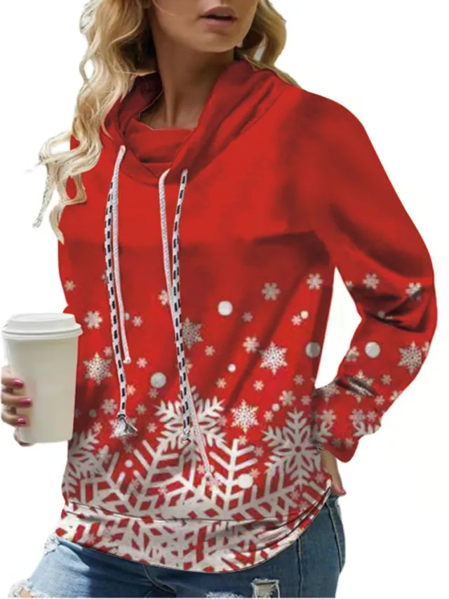 High necked Double Drawstring Loose fit Women's Sweater Snowflake S - Shop at LoveMi