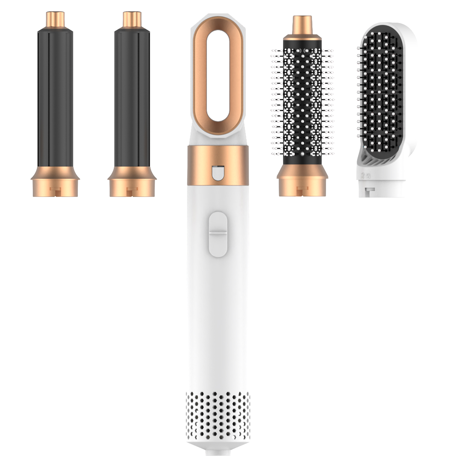 5-in-1 Hair Dryer Brush, White Gold. 5 IN 1 HAIR STYLER SET: The versatile stylers attach to the styling wand & hair dryer and give you the power to explore styles for any hair type. The 5 in 1 hair dryer brush set includes 1x hair dryer for fast drying, 