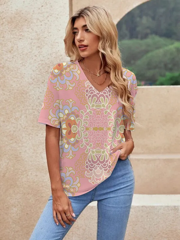 Printed Short Sleeve Urban Loose Casual Women's V Neck T Shirt 194Color - Shop at LoveMi