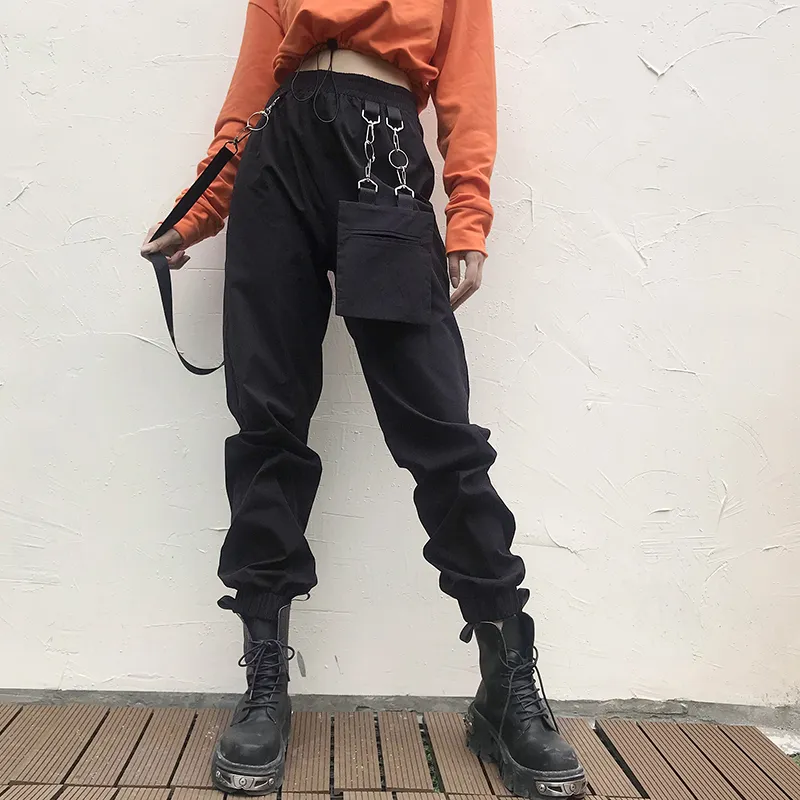 Street Style Metal Element Detachable Chain Pocket Overalls Women High Waist - Black
