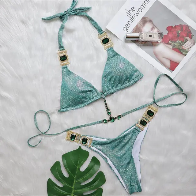 Ties Halter Bikini Glitter Set Green - Shop at LoveMi