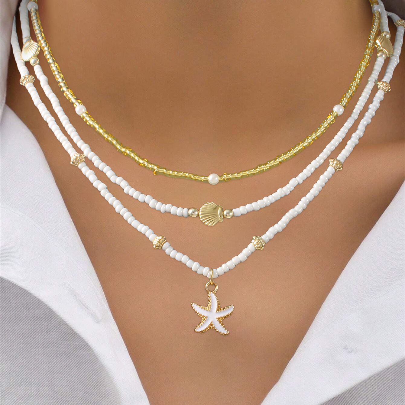 Hot Selling Cross-border Bohemian Summer Women Clavicle Necklace, Versatile Starfish Scallop Seed Bead Stackable Beach Neck Jewelry