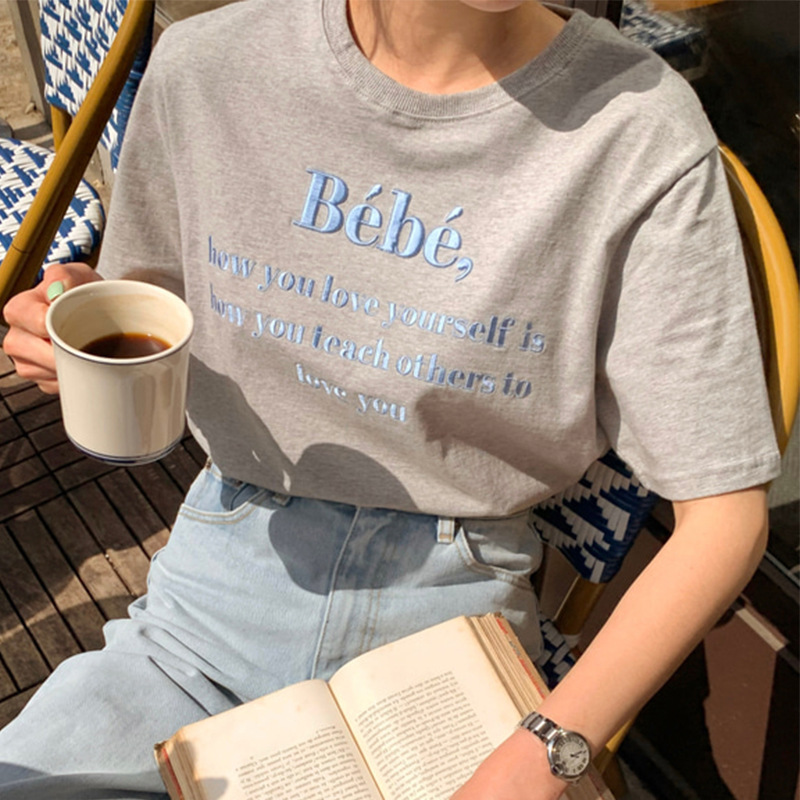 Summer Simple Retro Round Neck Pullover Embroidered Three-Dimensional Letters Loose Wild Short-Sleeved T-Shirt Top