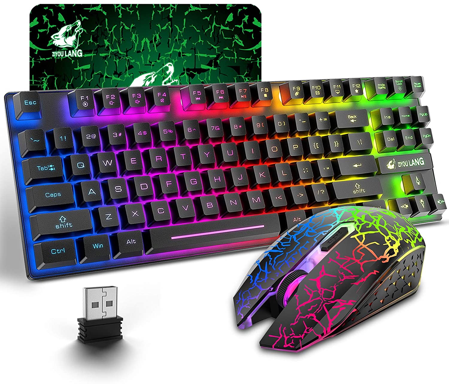 T87 Wireless Gaming Keyboard And Mouse Rainbow Backlit For PC Mac PS4 Xbox One