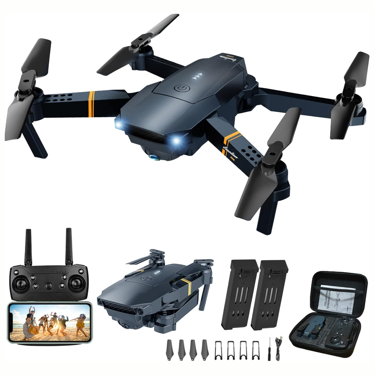 Foldable 1080P FPV Camera Drone With 2 Batteries, Carrying Case, One-Key Start, Altitude Hold, Headless Mode And 3D Flips