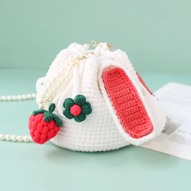 Hand woven Bag Strawberry Rabbit Self made Material Bag Red - Shop at LoveMi