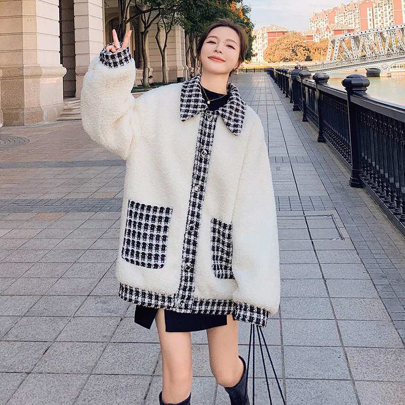 Women OL Commuting Plaid Slimming Faux Fur Coat