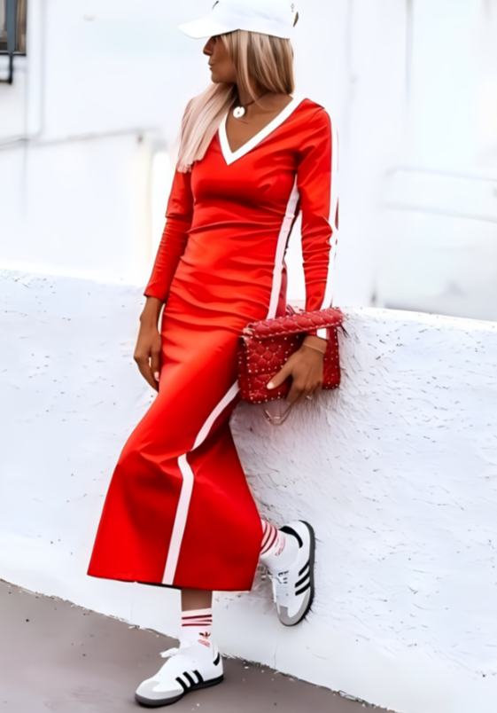 Rhythmic, Color-contrasting, V-neck Sports Dress