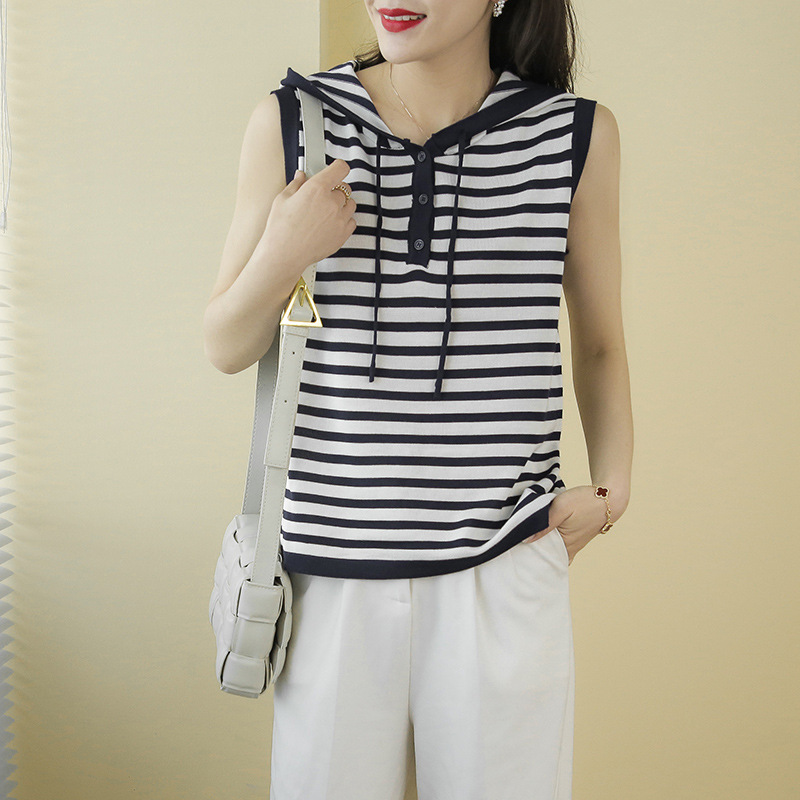 Title 5, Striped Sleeveless Hooded Vest Women