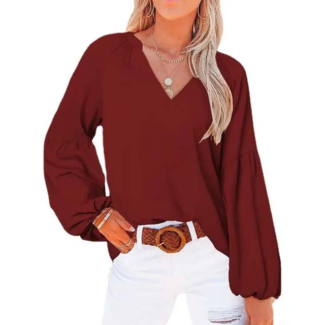 Women's Balloon Sleeve Loose Long Sleeve V Neck T Shirt Top Wine Red - Shop at LoveMi