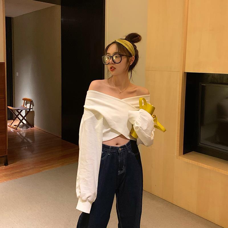 Off-the-shoulder Cross V-neck Short Cropped Sweater Women's Clothing