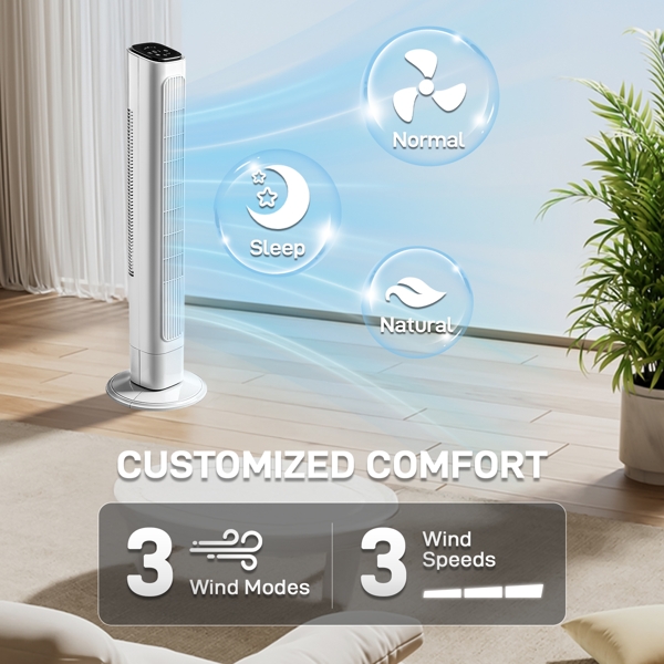 US Standard RTW-GR36 Tower Fan, 110V 45W, 36 Inch, Column Shape, White Plastic Body, Copper Motor, Touch & Remote Control, 3 Speeds, 3 Modes, Oscillating Function, 9-Hour Timer, For Home Use — foto 6