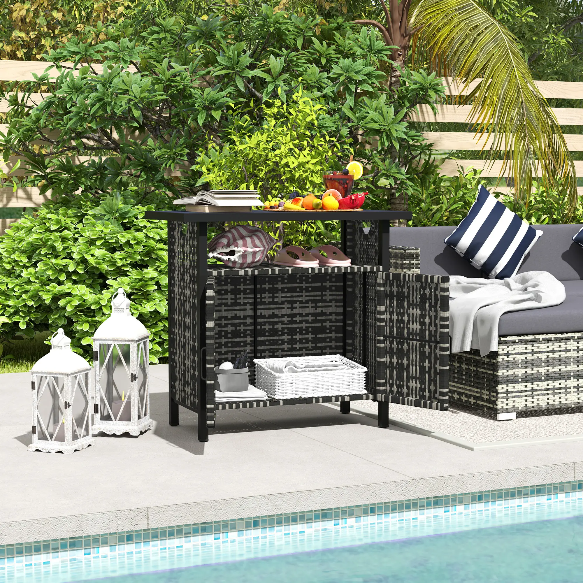 Outdoor Pool Towel Storage Cabinet Organizer, Outdoor Bar Table With Shelf And Cabinet, Pool Towel Holder Pool Valet With Weather-Resistant PE Rattan And Steel