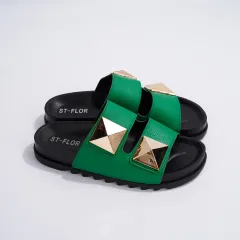 Fashion Casual Liuding Double-button Flat Sandals - Green - View 1