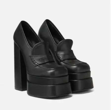 Square Toe Chunky High Heels Double Platform Black - Shop at LoveMi