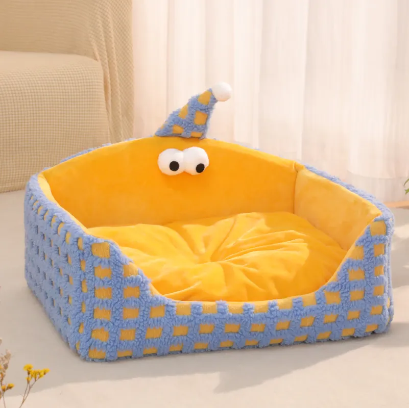 Sleeping Nest For Pets Triangular Hat Sponge Can Be Disassembled And Washed Warm For Cats Thick Kennel Autumn And Winter - Yellow