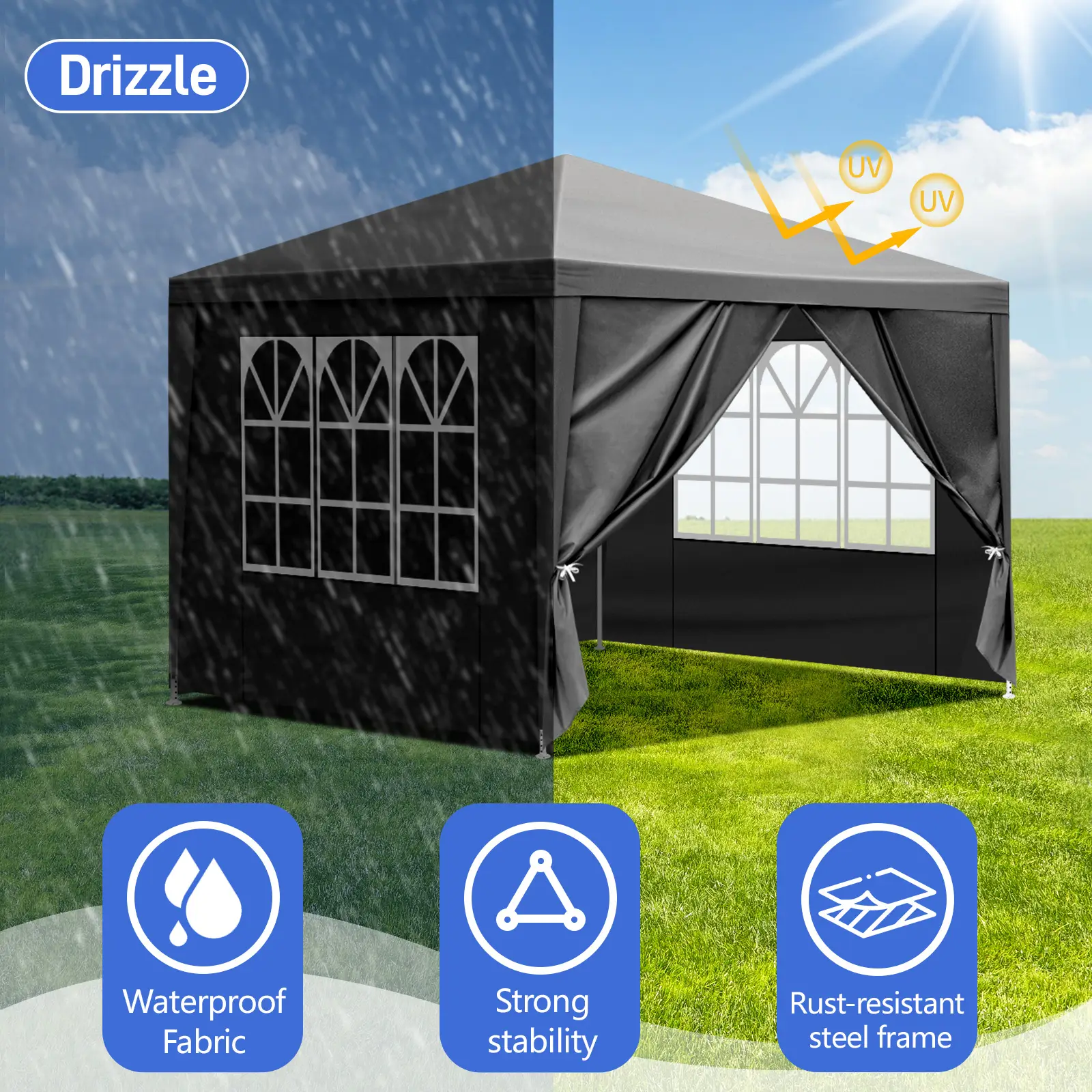 10x10ft Black, 4 Sides Pergola, PE Cloth, Sprayed Iron Pipe, Spiral Pipe